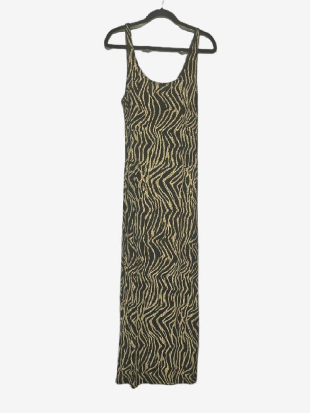 Vintage 90s All That Jazz Black Gold Zebra Stripe Slinky Maxi Dress Size L USA